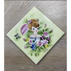 Vtg MCM kitsch Japan Ceramic Trivet Tile Art Wall Hanging Big Eyes Girl 6"x6"